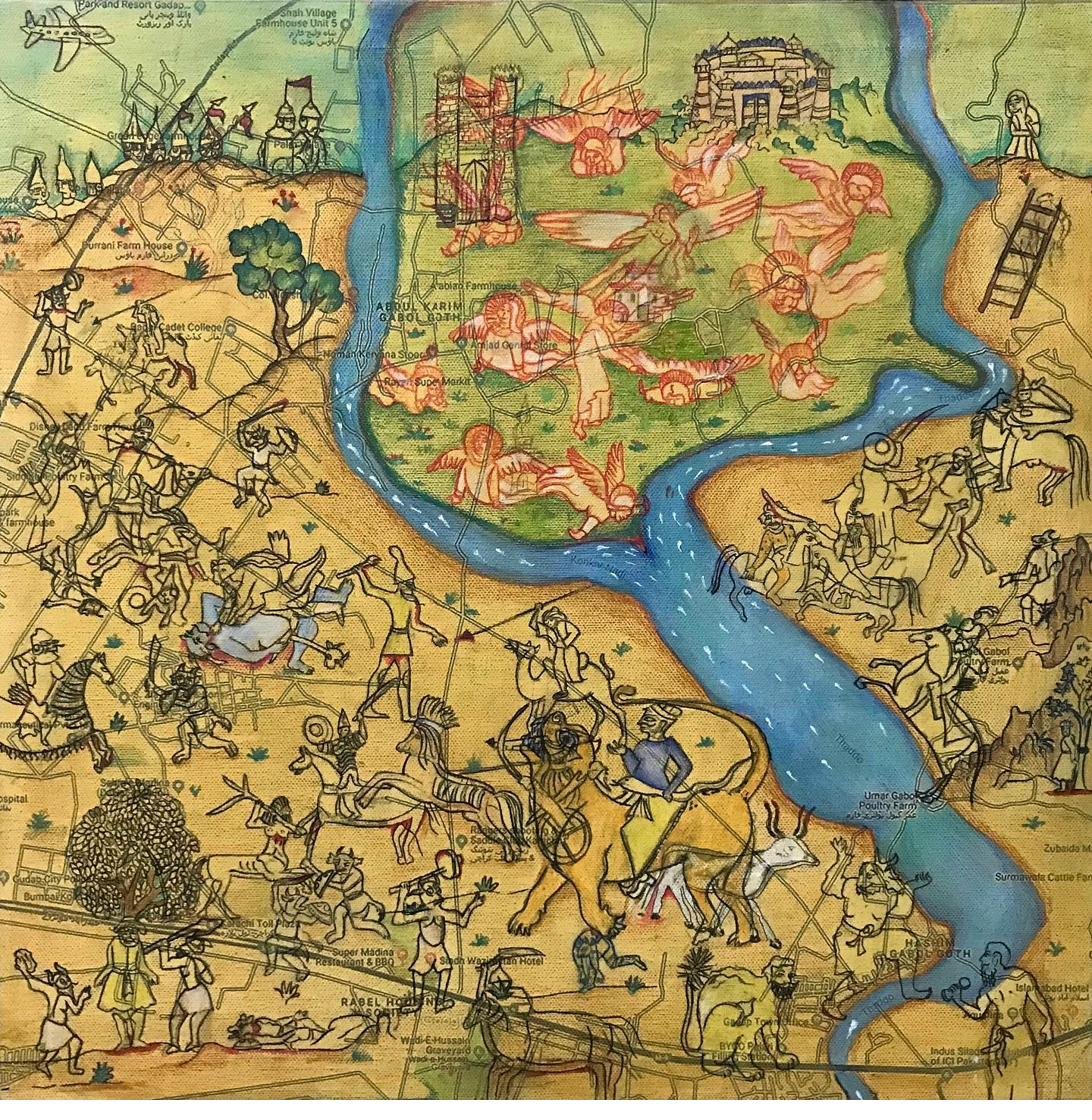 Noreen Ali — Battleground / Homeland — Mixed Media Acrylic on Map Canvas