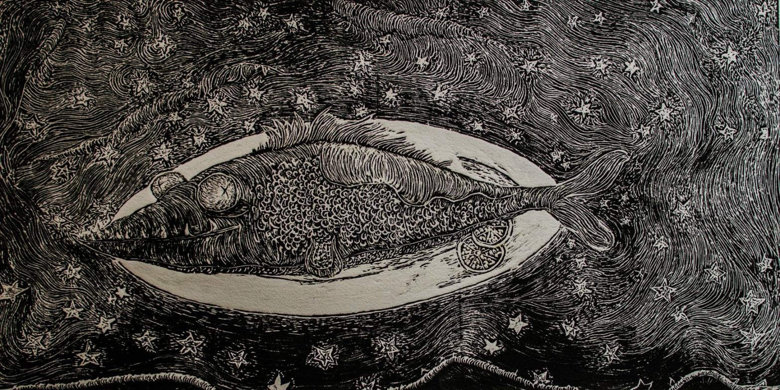 Noreen Ali — Served Cold — Woodcut Print exploring Culture and Ecology