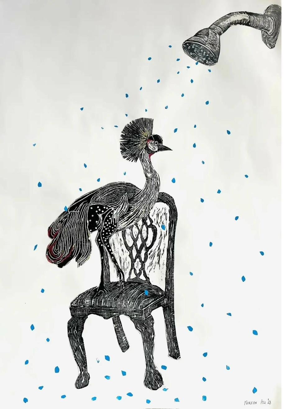 Noreen Ali — The Cleansing Hour — Woodcut Print of Crowned Crane on Victorian Chair